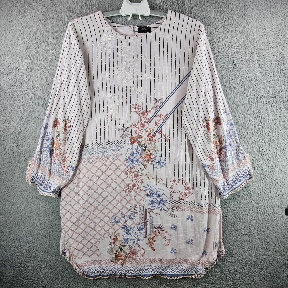 Saya Womens Floral‎ Geometric Lace Trim Kurti Tunic Top Pink Large Side Slits
